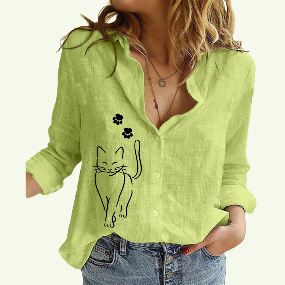 Damen Revers Hals Mode Shirt Frühling & Herbst Baumwolle Leinen Top Casual Print Blusen 4XL grün