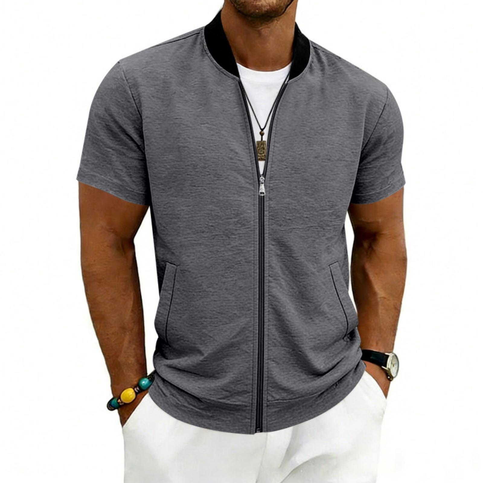 Herren Kurzarm Jacke mit Reißverschluss Lässige Leichte Sommer Jacke mit Rippkragen und Taschen XL