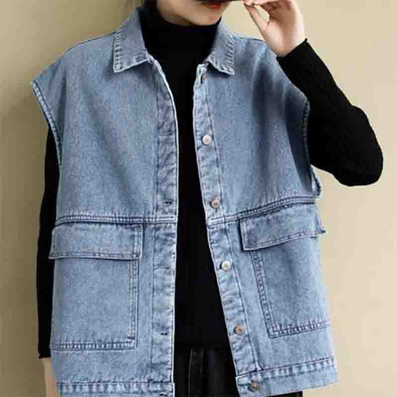Damen Frühling und Sommer Retro Literatur und Kunst Große Größe Lockere All-Match Casual Weste Jacke Einreihig Dünne Denim Ärmellose Jacke Mantel XL