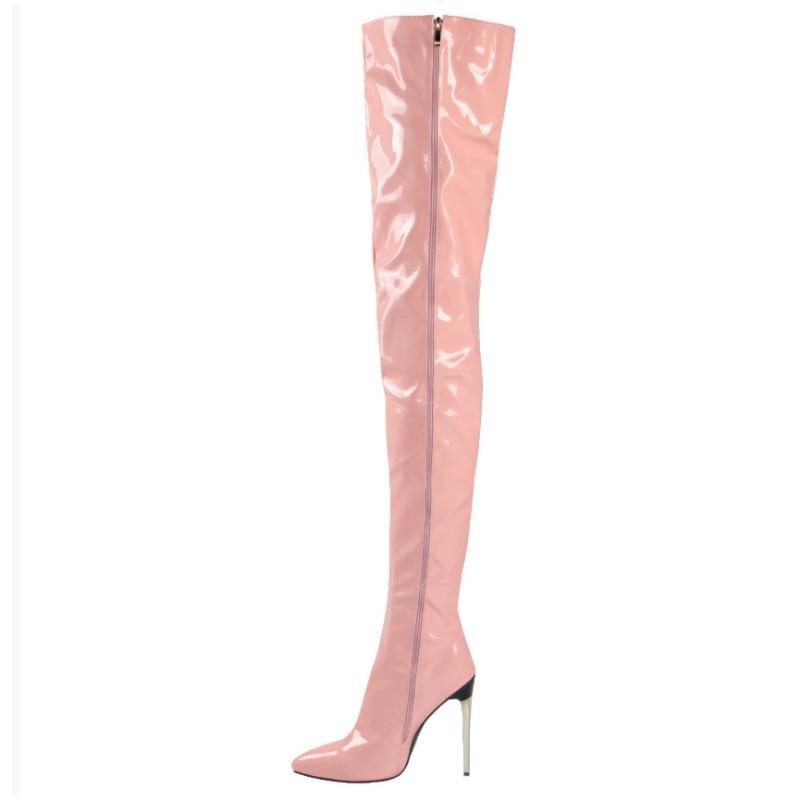 Mode Neu Sexy Mode Lackleder Damen Overknee Stiefel Schwarz Weiß Lange Stiefel Damen Spitzschuh Klassische High Heels Schuhe Groß 40 rosa