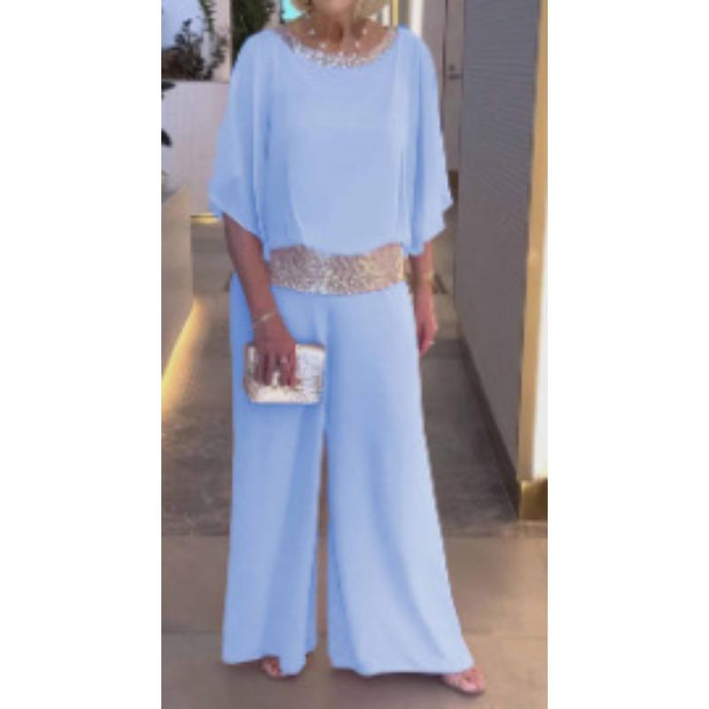 YYFS Damenmode Casual Frühling Herbst Einfarbig Druck 1/2 Ärmel O Hals Hosen Anzüge XXXL himmelblaue