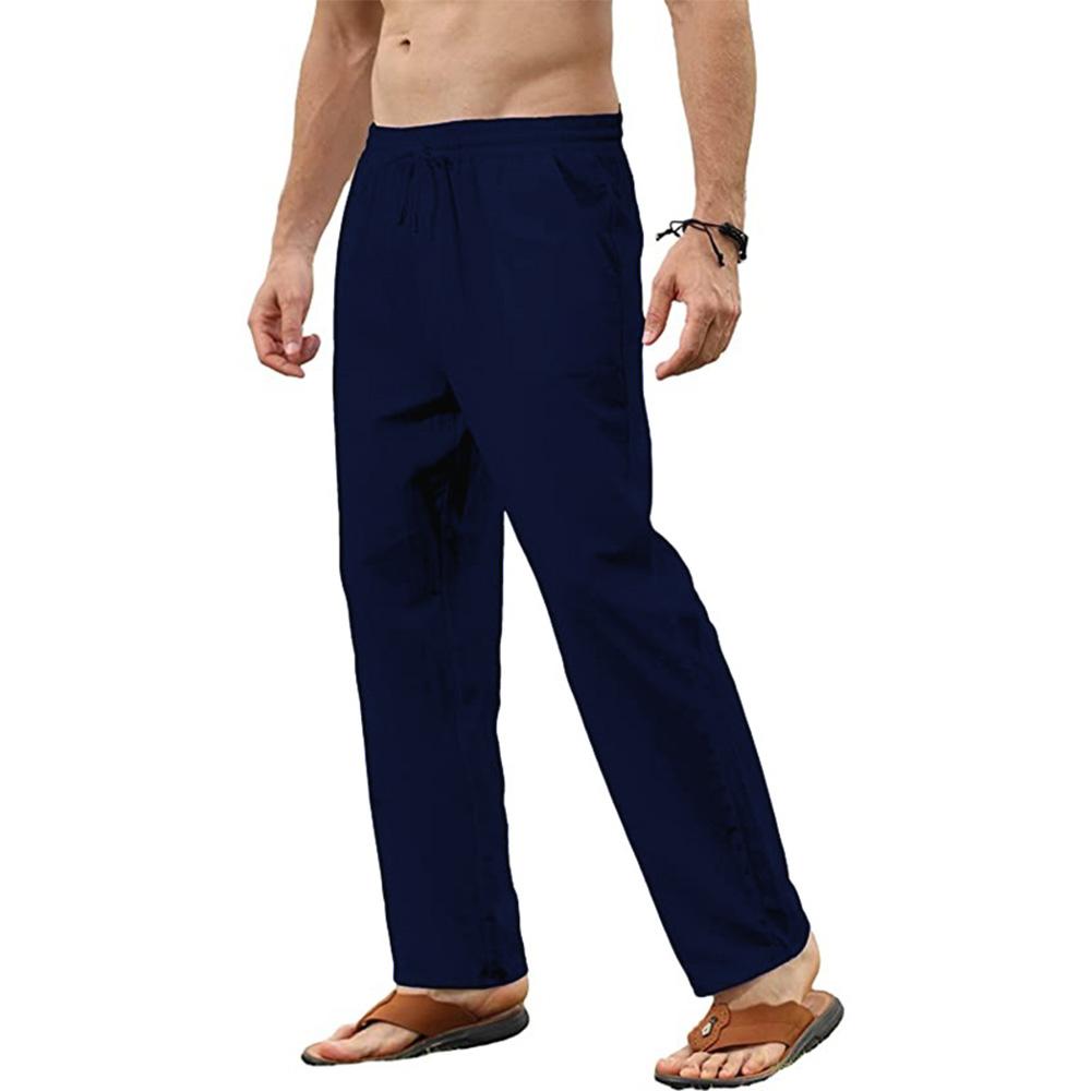 Herrenhose aus Baumwollleinen, lässige, lockere Hose, atmungsaktiv, einfarbig, mit Kordelzug, Jogger, Yoga, Baggy-Hose M dunkelblaue