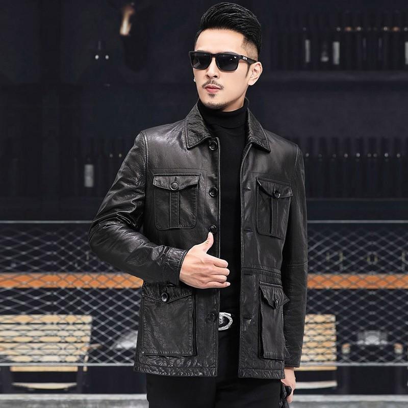 Frühling Neue Lederjacke Herrenmode Lederjacke Revers Casual Mittlerer und langer Mantel 5XL schwarz