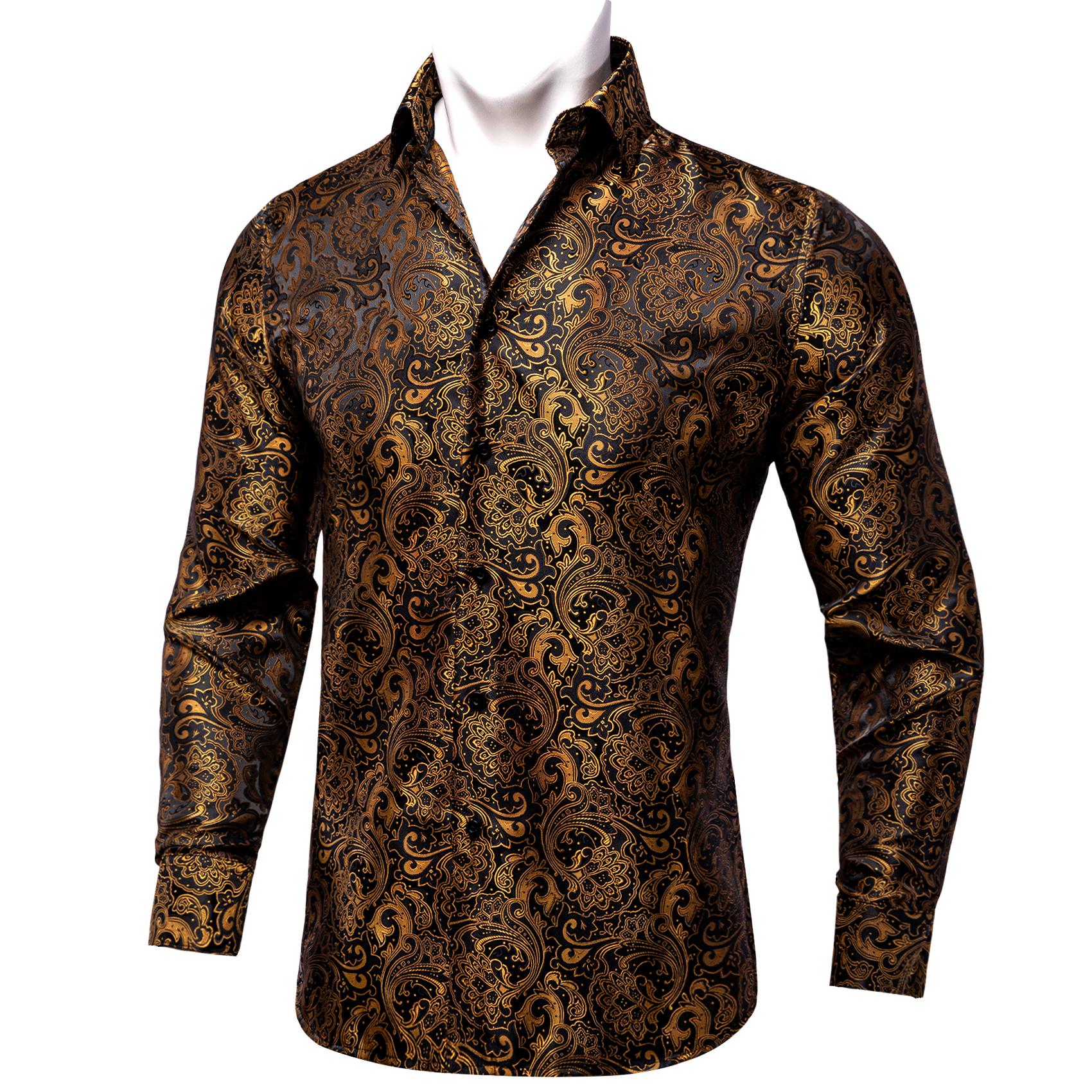 Paisley-Hemd für Herren, Weinrot, Blau, Grün, Grau, Paisley-Hemd, Seiden-Langarmhemd, Business-Freizeithemden XXL gold