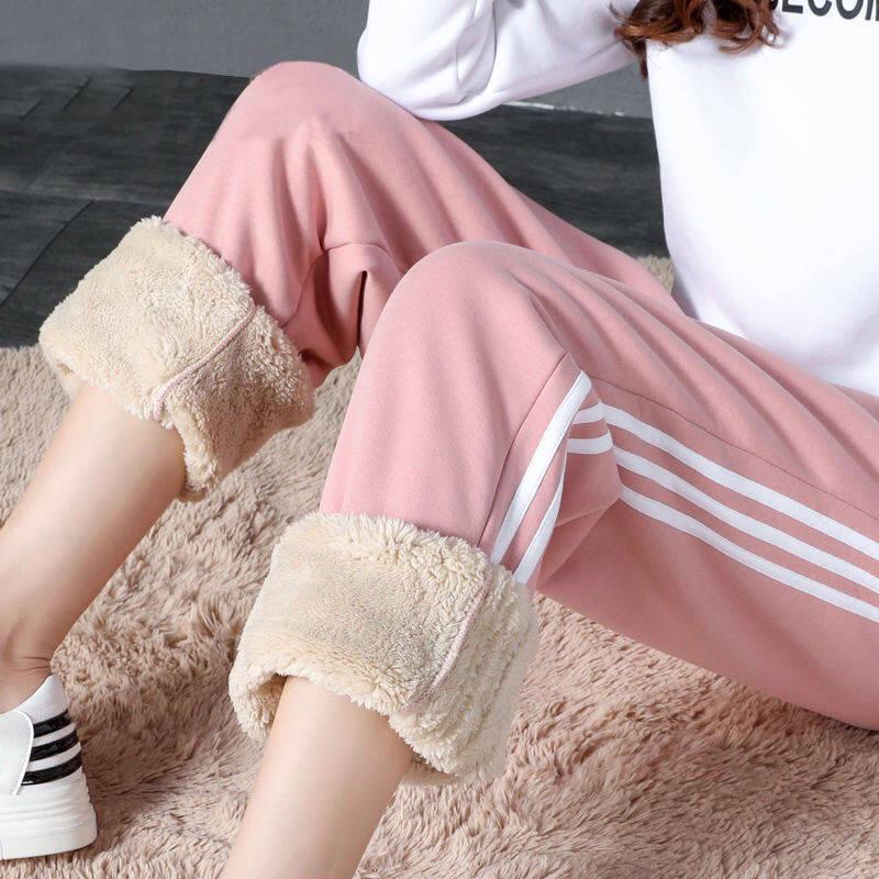 Winter Lose Beiläufige Hosen Lammfell Dicke Warme Hosen Sport Hosen Studentinnen Tragen Leggings M rosa/weiß