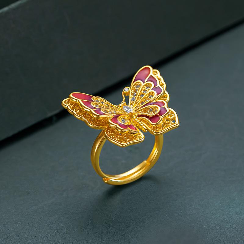 9999 24K Echtschmuckladen, Gold im gleichen Stil, Offener Ring für Damen, Schmetterling-Schmuck mit Farbverlauf, Geschenk 12.5&Light Yellow Gold Color black