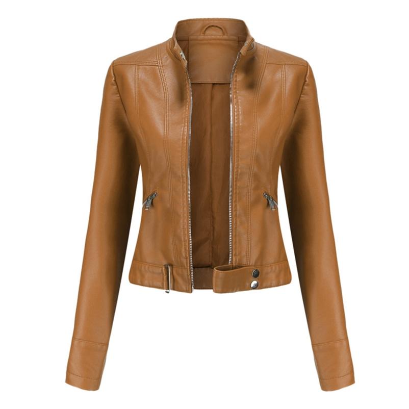 2022 Lederjacke Damen Kurze kleine Jacke Frühling und Herbst Stehkragen Damen Lederjacke Damen dünne Lederjacke 2XL kamelfarben