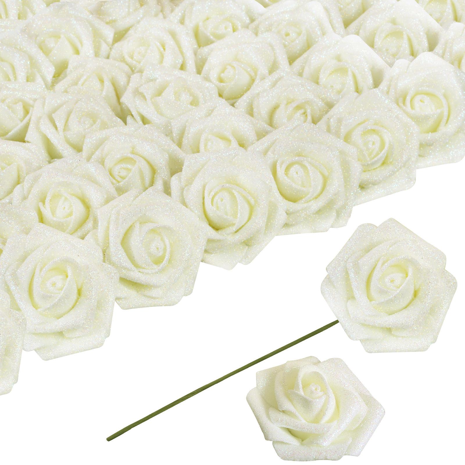 60 Stück Künstliche Blumen Goldene Rosen Künstliche Glitzerrosen Blumen 2,16 Zoll Schaumrosen Falsche Rosen mit Stiel für Hochzeitsfeier DIY Mittelstücke Dekoration 60 Pcs milch-weiße