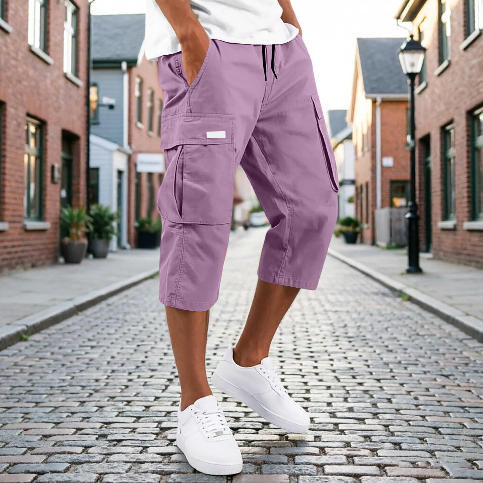 Herren Cargo-Capri-Hose mit Kordelzug und mehreren Taschen, lockere Passform, Dreiviertellänge, lässige Hose für den Alltag XXXL violett
