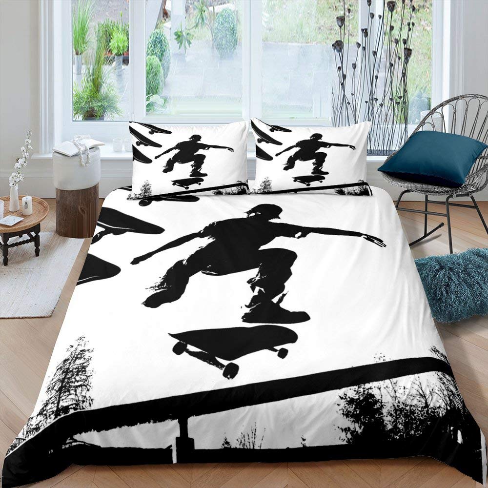 Skateboard-Bettwäsche-Set für Teenager, Jungen im Hipster-Graffiti-Stil, Kinderbettwäsche-Set mit Extremsport-Thema, cooles Skate-Bettwäsche-Set US Twin(172*218cm)3pcs