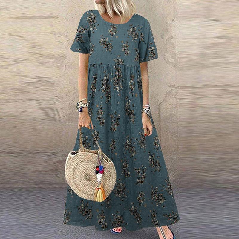 ZANZEA Damen Vintage Print Lässige Sommerkleider mit kurzen Ärmeln und Rundhalsausschnitt 2XL blau