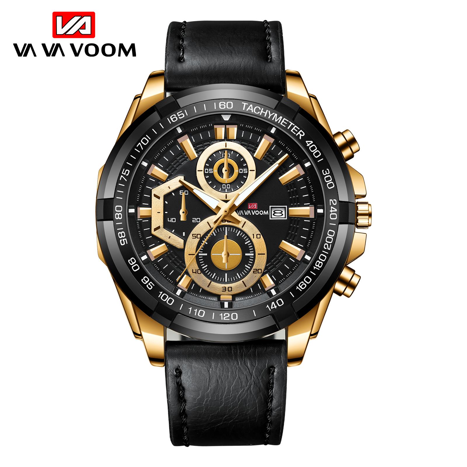 VA VA VOOM Herrenuhr Top-marke Luxus Sport Quarz Herrenuhren Voller Stahl Wasserdicht Chronograph Armbanduhr Männer Relogio Masculino Leather strap gold/schwarz