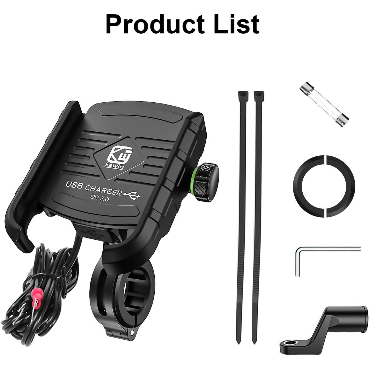 Motorrad-Telefonhalterung mit Ladegerät, USB/QC 3.0-Buchse mit Schalter, 360° wasserdicht, USB-Ladegerät, Aluminium-Lenker/Sichtspiegel für 3,5-6-Zoll-Telefone 9*6.8*1.5cm schwarz