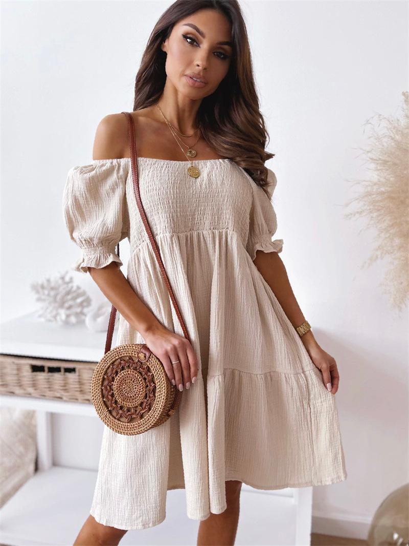 Solide Kleid Frauen Sommer Sexy Off Schulter Kleider Weibliche Slash Neck Backless Puff Sleeve Kleid Damen Elegante Strand Party Kleid S hellbraun