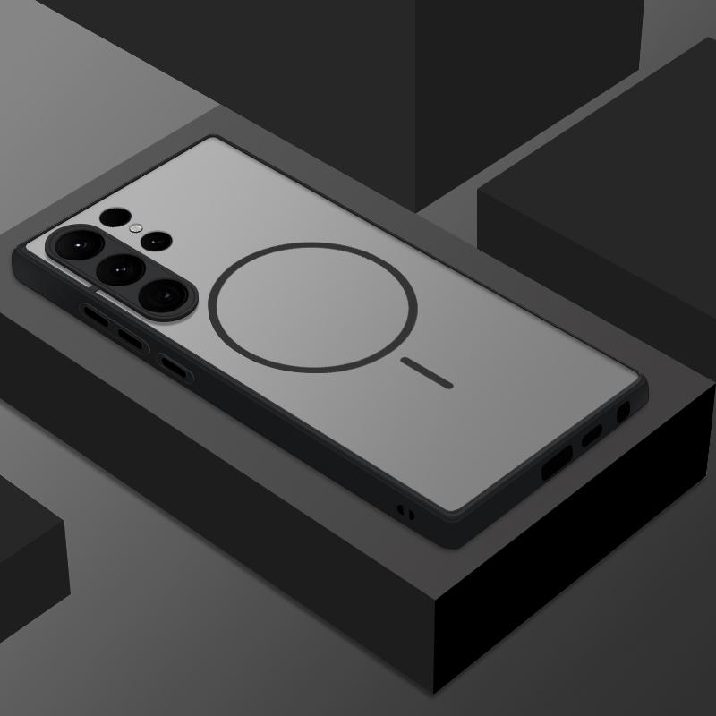 Luxus Matte Magnetische Handyhülle Für Samsung S25 Ultra S24 FE S23 S22 Plus S21 S26 Ultra Weiche Kante Stoßfest Transparent Hartes PC-Material Kabelloses Laden Rückseite Samsung S23 Ultra schwarz