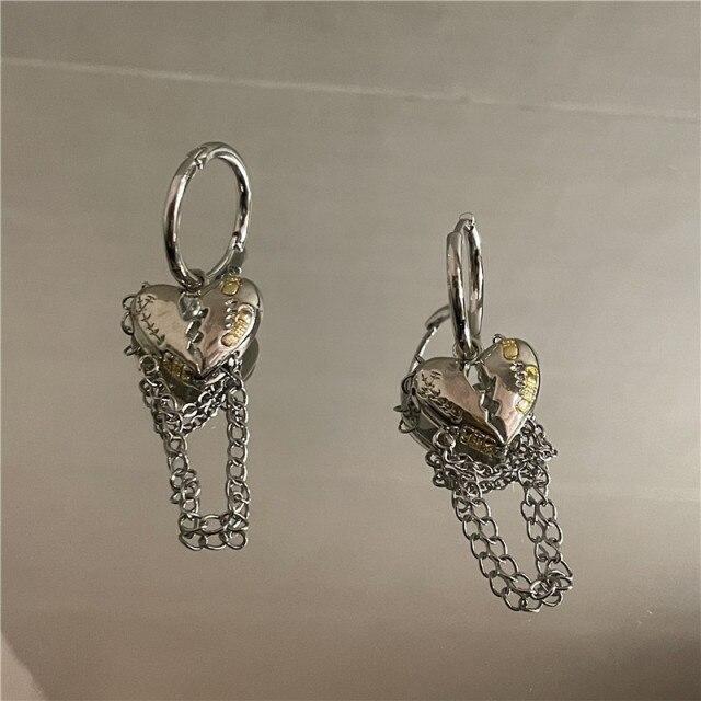 Hiphop Punk Neues Design Metall Gebrochenes Pfirsichherz Ohrringe Koreanische Mode Frauen Ohrringe Schmuck Vintage Kette Quaste Ohrringe Bar gray