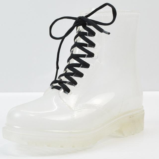 Mode Knöchel Regenstiefel Plateau Schnürung Transparente wasserdichte Regenschuhe Motorrad Bonbonfarben Regenstiefel Mode Damenschuhe 36 weiß