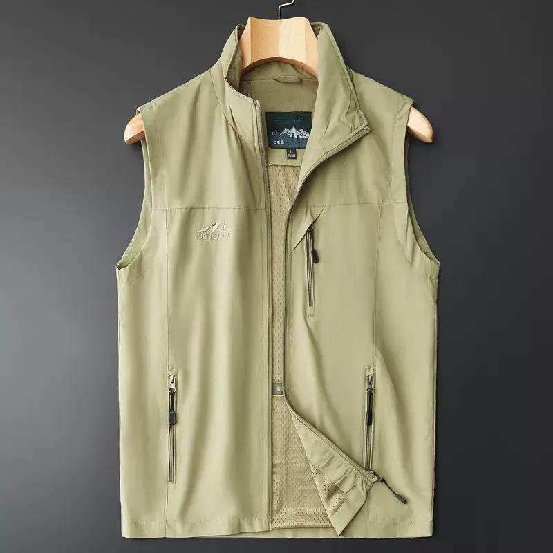 Große Größe Herren Frühling Sommer Dünne Weste Ärmellose Jacke Stehkragen Weste Lässige Weste 5XL khaki