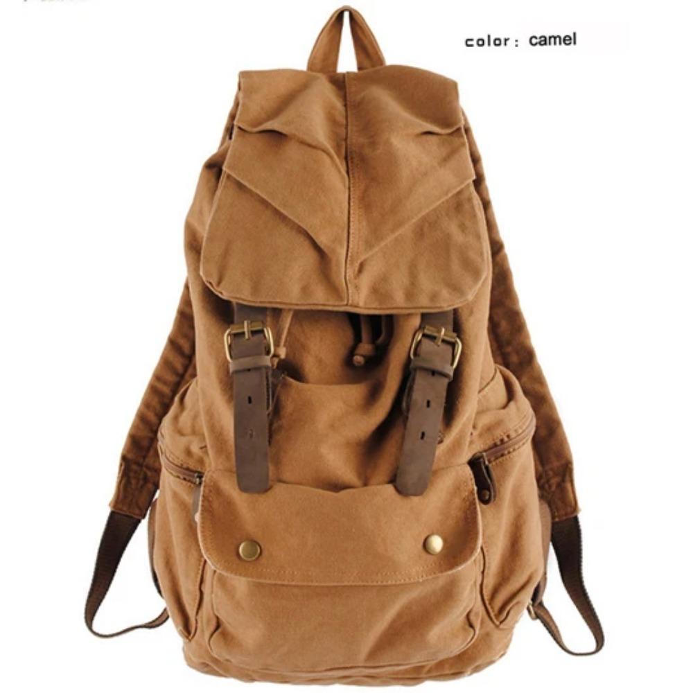 Mode Vintage Leder Militär Canvas Rucksack Herren Schultasche Kordelzug Rucksack Damen Rucksack männlich Rucksack Teenager mochila kamelfarben