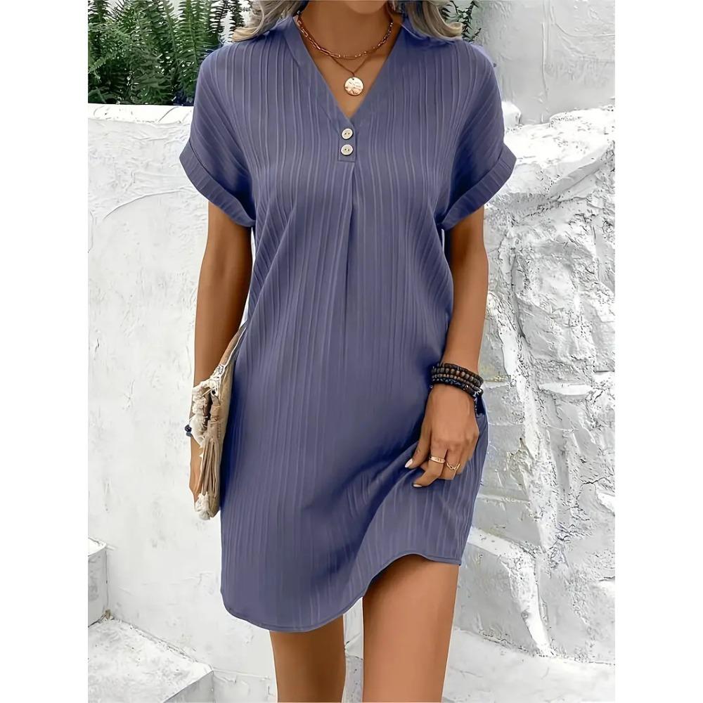 Damenmode Sommer Frühling Einfarbiger Druck Kurzarm V-Ausschnitt Hohe Taille Freizeitkleider XXL violett
