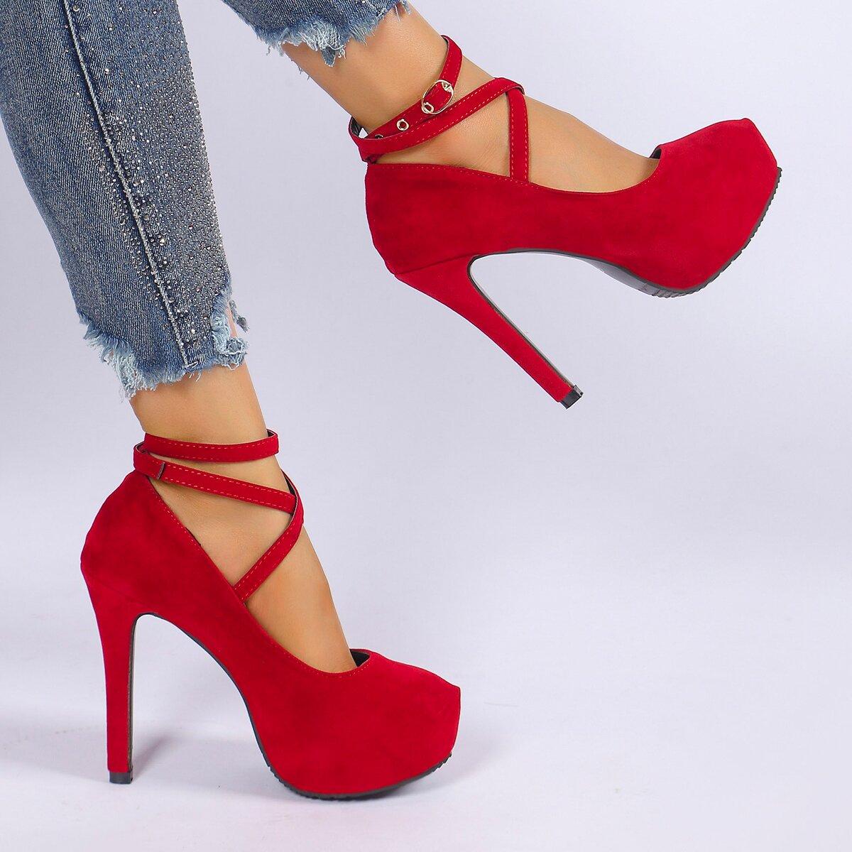 Mode Damen Pumps 2024 Neu Sommer Sexy High Heels Frau Plateau Mode Knöchelriemen High Heels Schuhe Luxus Elegant Partyschuhe 38 rot