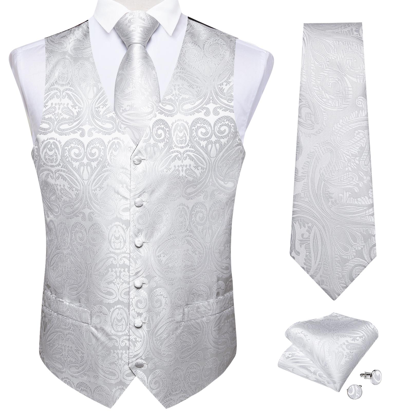 Dibangu Rote Weste für Herren, Paisley-Weste, Krawatte und Einstecktuch, Hochzeitswesten-Set, formelle Anzugweste für Herren M weiß
