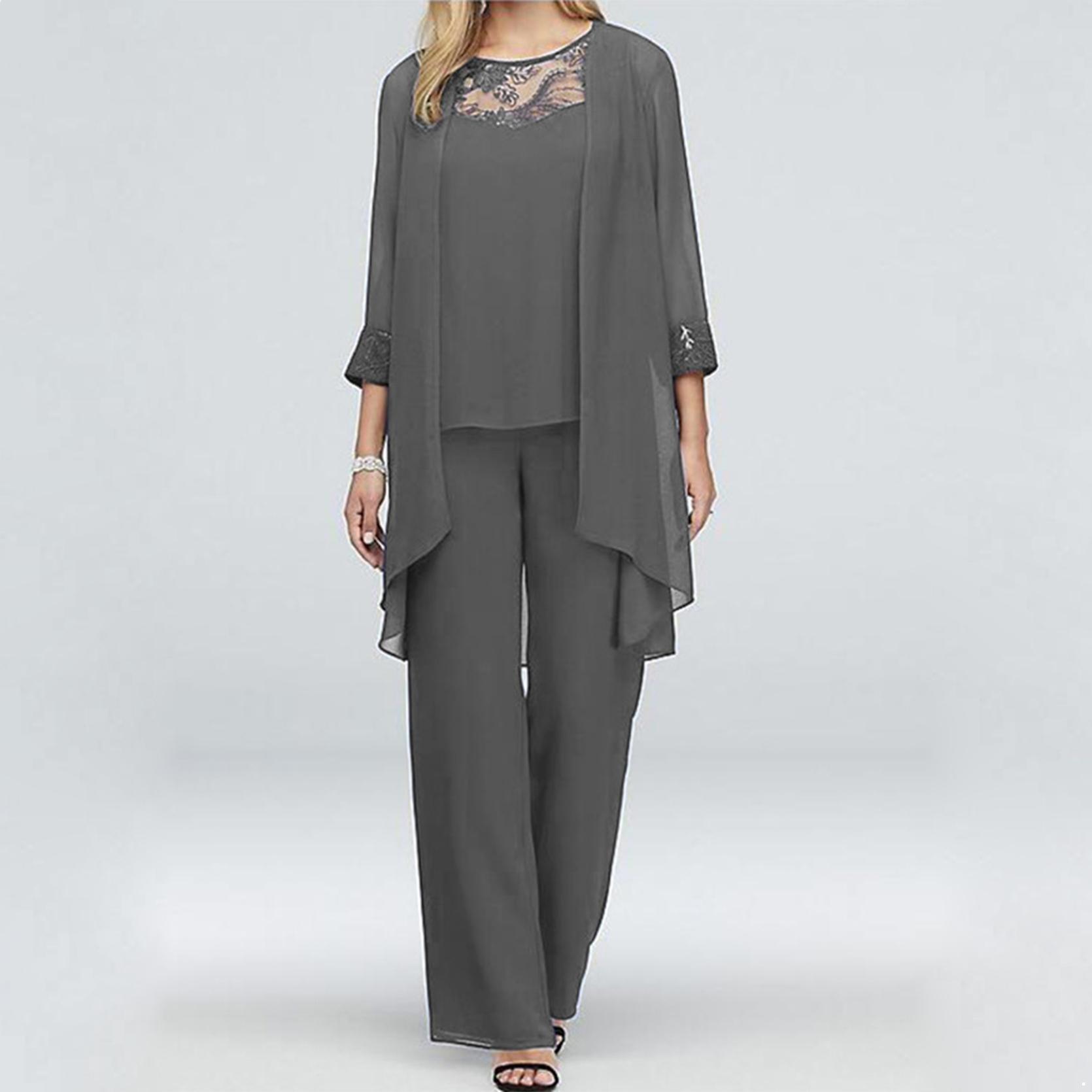 Hosenanzüge für die Mutter der Braut, 3-teilig, für Damen, Hochzeit, formelles Outfit-Set, Chiffon-Abendkleid, Übergröße 4XL graue
