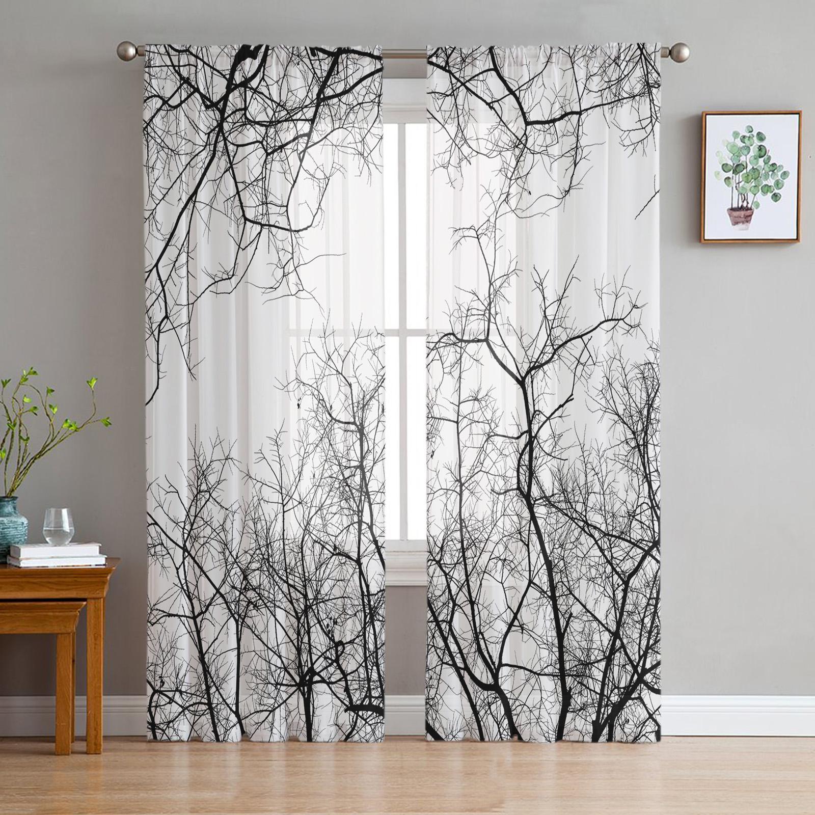 Schwarz Weiße Zweige Transparente Vorhänge für Wohnzimmerdekoration Fenstergardinen für Küche Tüll Voile Organza Vorhänge W135 x H215cm x2