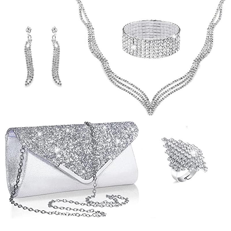 Europäische & Amerikanische Brautmode 5-teiliges Set: Strass-Halskette, Ohrringe, Armband, Ring und PU-Pailletten-Clutch-Abendtasche silber