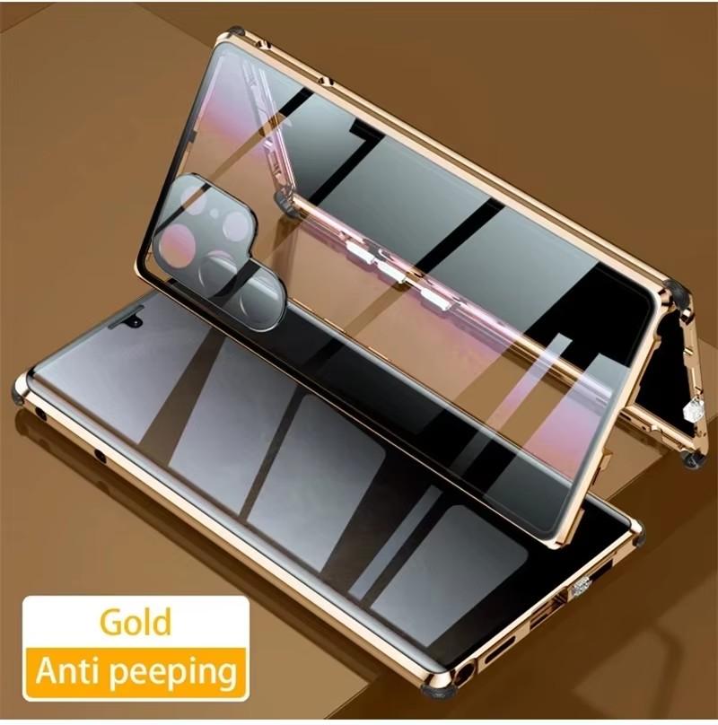 360° Anti-Peeping Sichtschutz Doppelseitige Gehärtete Glas Hülle Für Samsung Galaxy S26 S25 S24 S23 S22 Ultra Plus Magnetischer Metall Stoßfänger Handyhülle For Samsung S23 Ultra gold