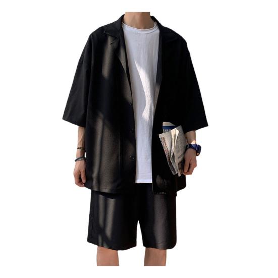 JK Anzug Einfarbig Lockeres Design Zweiteilig Trendiger Herrenmantel Shorts Anzug für den Alltag M schwarz