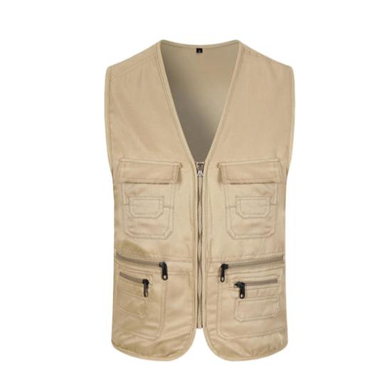 Arbeitsweste mit mehreren Taschen, einfarbig, lässig, ärmellos, mit Reißverschluss, Arbeitskleidung, V-Ausschnitt, Übergröße, Freiwilligenweste zum Angeln L khaki