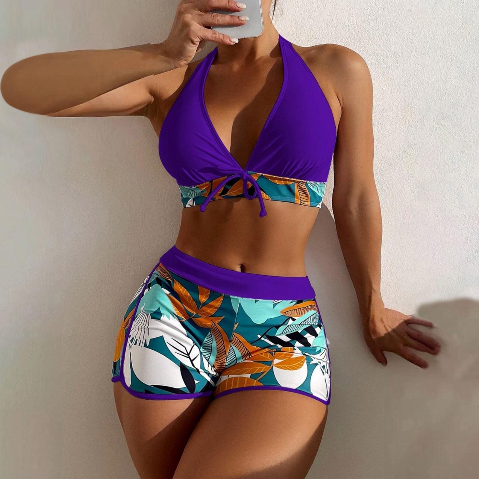 Damen Badeanzug mit Einsätzen und Print, modisch, sexy, geteilter Boxer, hohe Taille, zweiteiliger Badeanzug mit V-Ausschnitt L violett