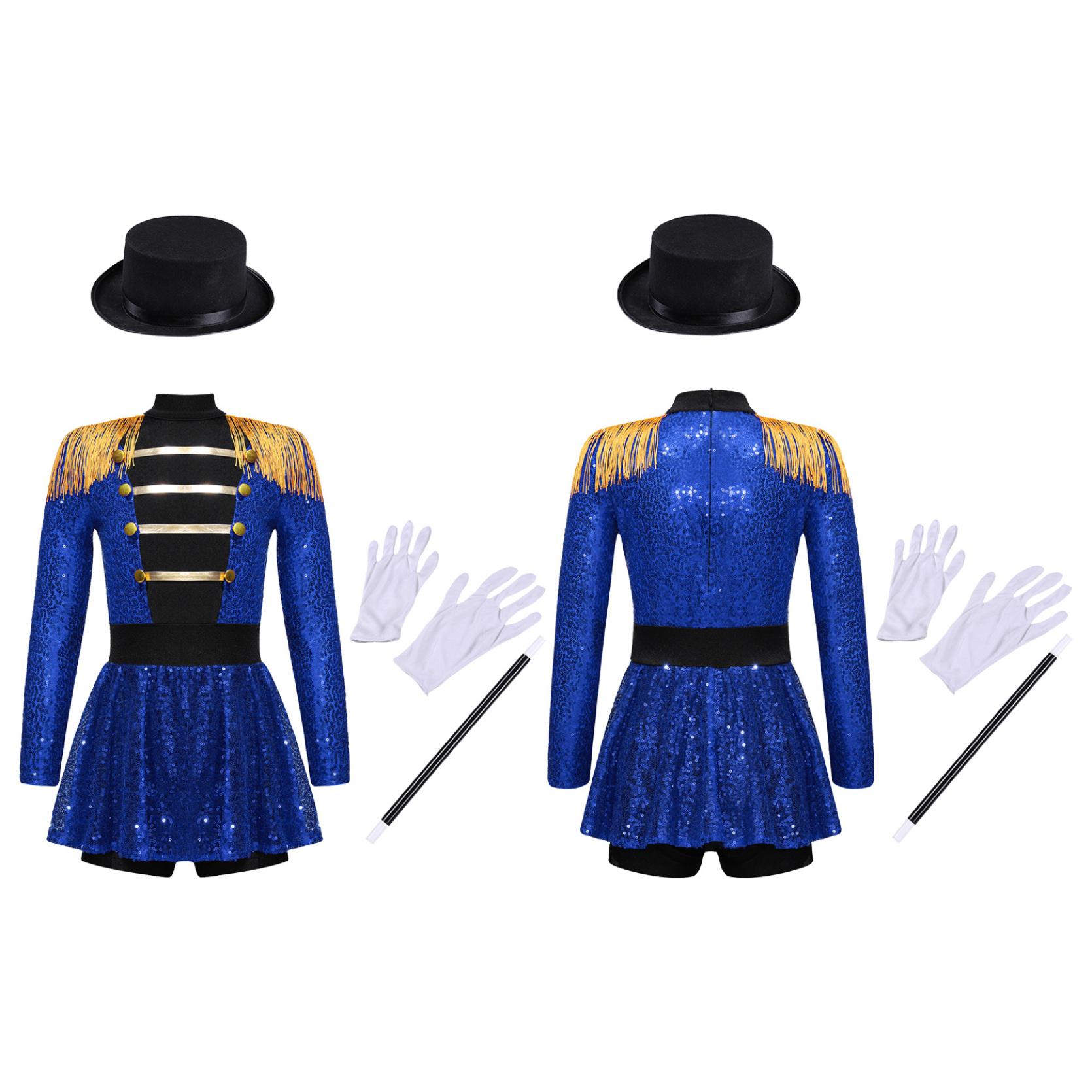 Zirkusdirektor-Kostüm für Mädchen, glänzende Pailletten, Performance-Overall, Halloween, Cosplay, Karneval, Kostüm 11-12 Years blau