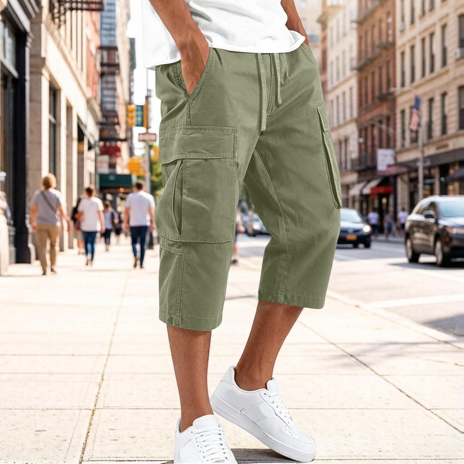 Herren Cargohosen mit Kordelzug Taille Mehrere Taschen Lässige Caprihosen Dreiviertellänge Strapazierfähiges Gewebe Lockere Passform L grün