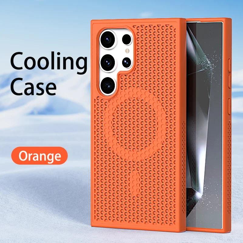 Luxuriöse, kühlende und wärmeableitende Magsafe-Telefonhülle für Samsung Galaxy S25, S24, S23, S22 Ultra FE Plus, atmungsaktive Gitternetzabdeckung For Samsung S23 Plus orange