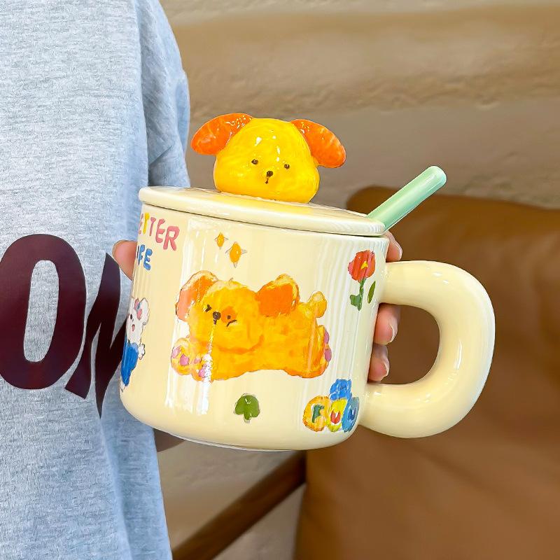 Süßes Mädchen Herz Cartoon Blume Tasse Keramiktasse für Frauen Haushalt Isolierender Wasserbecher mit Deckel Haushalt Kaffeetasse 400ML