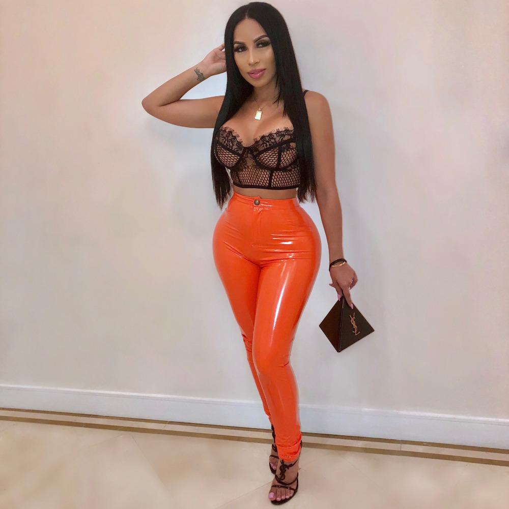 Frauen Latex Faux Pu Leder Hosen Hosen Push-Up Hohe Taille Dünne Hosen Bleistift Herbst Winter Einfarbig Sexy Hosen weibliche XXXL orange