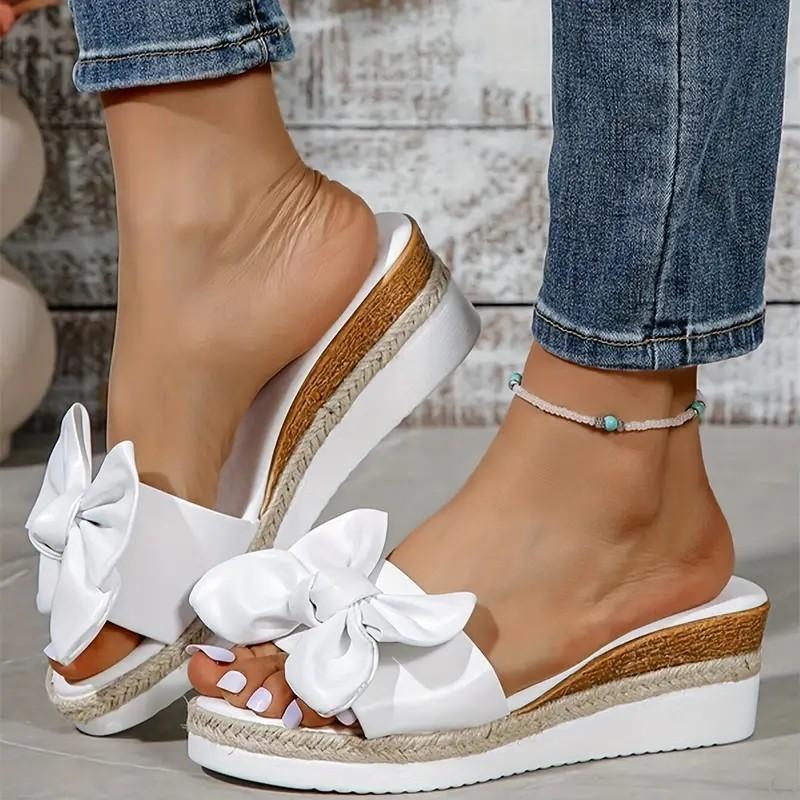 Mode Neue Damen Hausschuhe Lässig Einfarbig Schleife Plateau Flache Schuhe Mode Geflochtene Riemen Outdoor Walking Sandalen Zapatilla Mujer 43 weiß