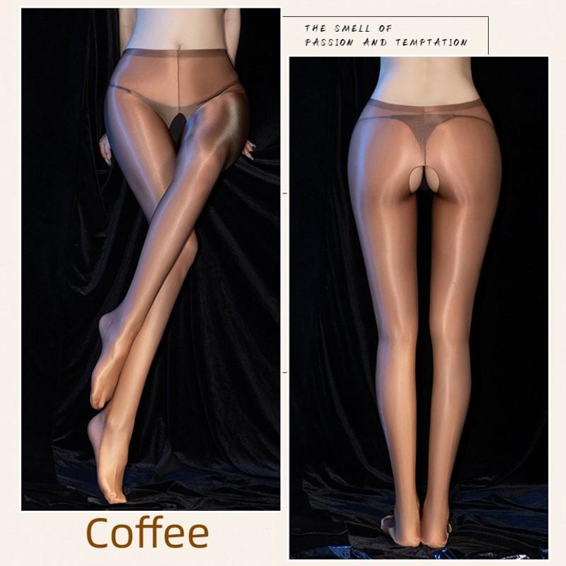 M XL Große Größen Öl Glänzend Satin Strumpfhosen Hohe Elastizität Offener Schritt Wet-Look Strumpfhosen Sexy Dessous Seidige Clubwear Für Frauen Open Crotch M
