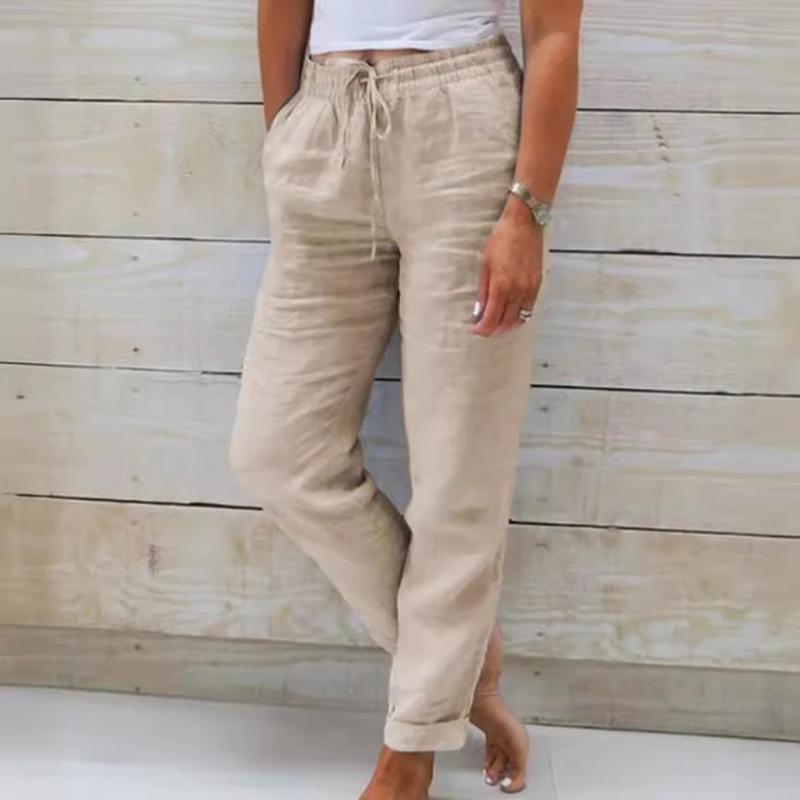 Baumwolle Leinen Sommerhose für Damen Hohe Taille Elastisch Lässige Hose Streetwear Einfarbig Damenkleidung Lockere Bleistifthose 2XL khaki