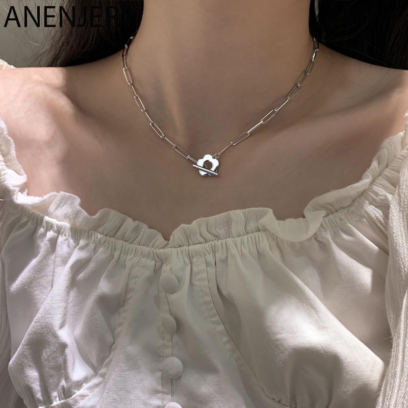 ANENJERY Halskette mit quadratischem Blumen-Anhänger und OT-Kette, Schlüsselbeinkette, Halskette, Party-Schmuck, Geschenke, S-N726 silber