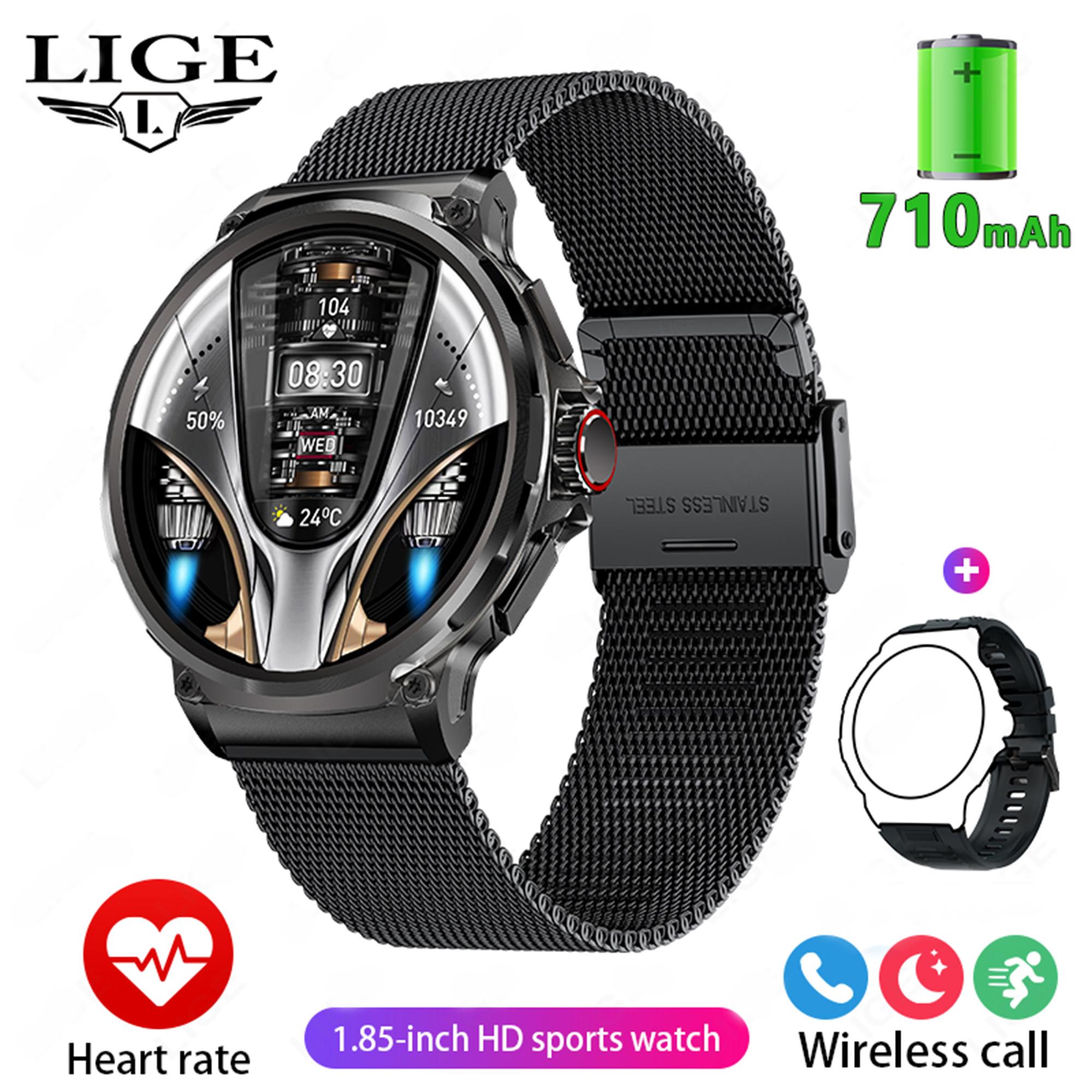 LIGE Neue 710 mAh Große Kapazität Batterie Smart Watch Männer Outdoor Sport Gesundheit Tracking Wasserdichte Smart Armband Bluetooth Anruf Smart uhr 2024 Geschenk Mesh belt schwarz