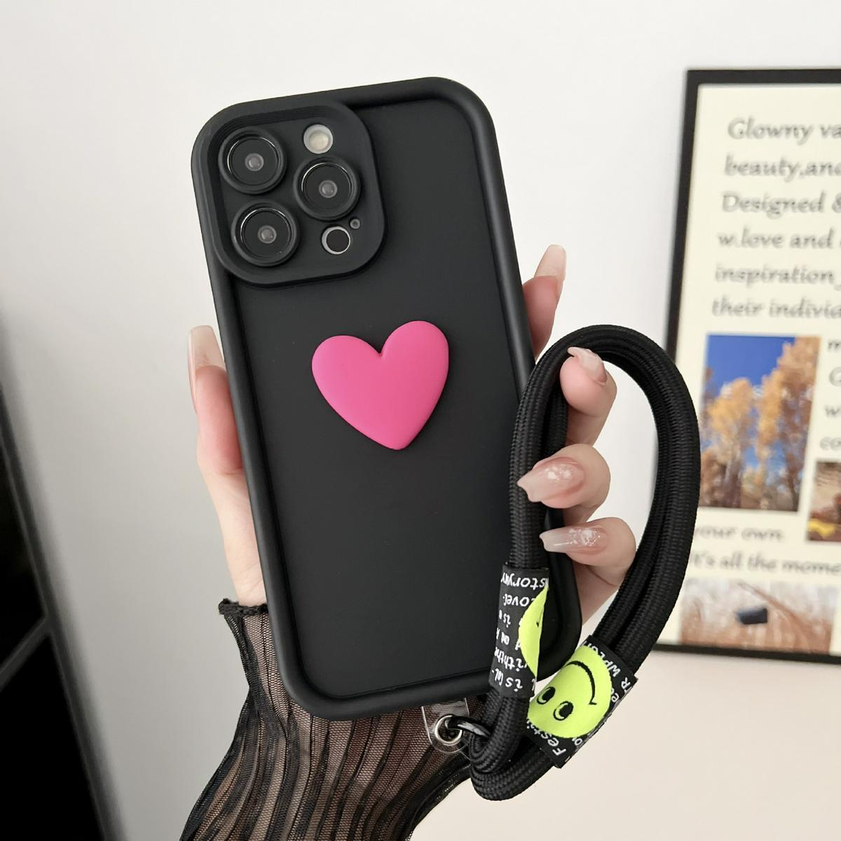 Hülle für Motorola Edge 50 Fusion Moto Edge 50 Neo G64 G24 G75 G55 G35 G85 G84 G22 Edge 50 ProPhone Hülle Love Heart Hnad Chain Cover For Edge 50 Pro&Case & Strap schwarz