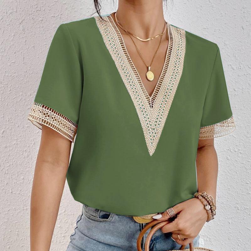 VEZFAA Damenmode Casual Sommer Frühling Einfarbig Druck Spitze Kurzarm V-Ausschnitt Blusen & Hemden M armee grüne