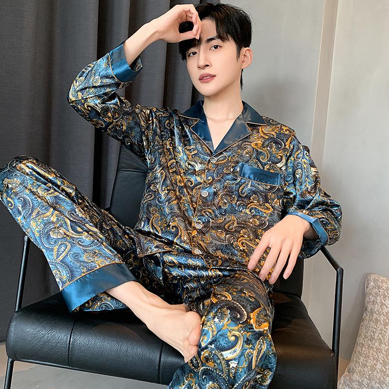 Nachtwäsche Herren Pyjama Hose Langarm Kurzarm Shorts Herren Pijama Schlaf Bedruckter Seidensatin Pyjama für Herren Sets M