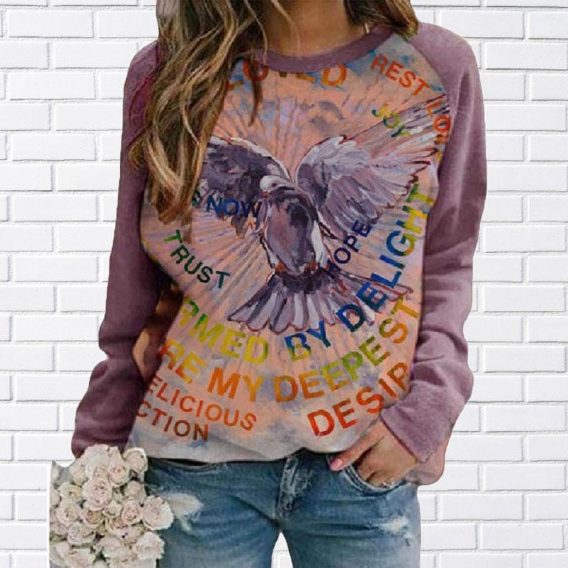 3D Druck Adler Frauen T-shirts Damen Tops Lange Hülse O-ansatz Pullover Femme T-shirts T Shirt Für Frauen L violett