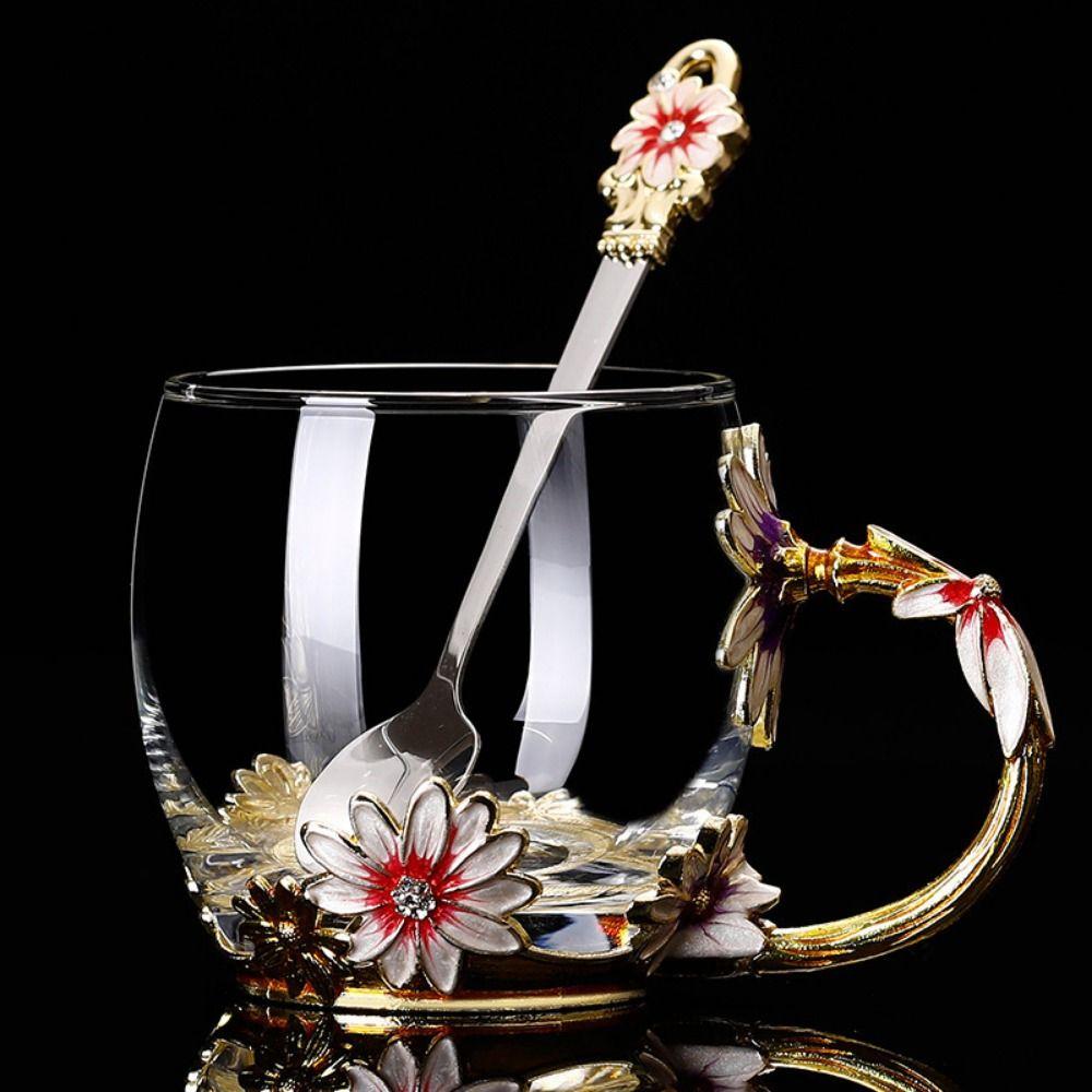 Emaille-Blumen-Teetassen-Teller-Set, elegantes Blumen-Teetassen-Set, ausgefallene Glas-Kaffeetassen, Mutter-Geschenk Short Cup&Spoon