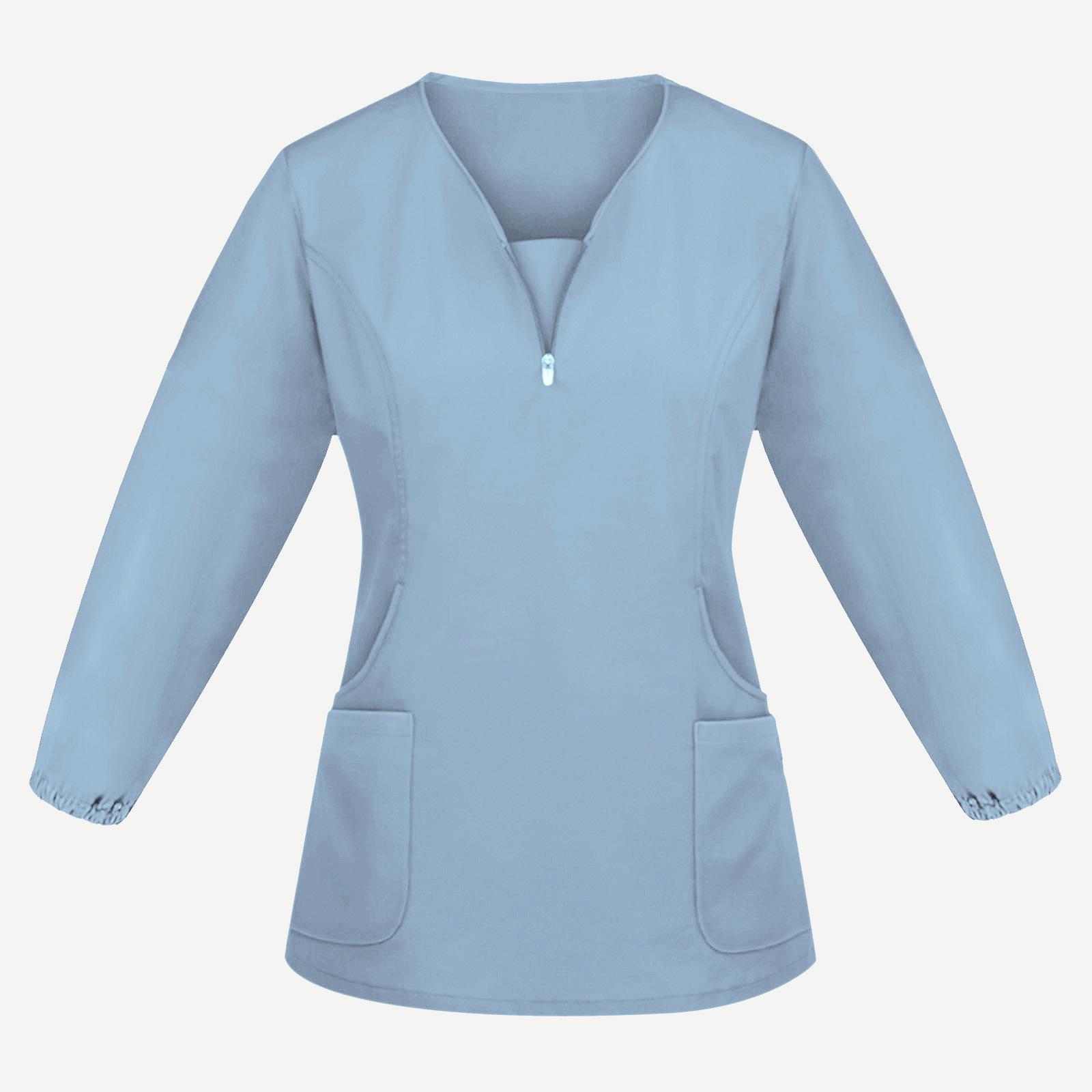 Hochwertige Unisex-Krankenhaus-Arbeitskleidung mit langen Ärmeln, Stretch-Peeling-Top, Krankenschwesteruniform mit V-Ausschnitt und Tasche S hellblaue