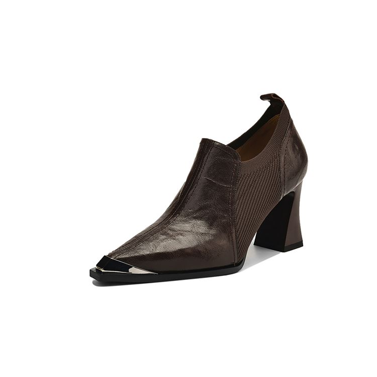 Mode Neue Frühling Echtleder Schuhe für Damen Mode Metall Spitze Damen Pumps Schuhe Klobige Absätze Slipper High Heels 35 braun